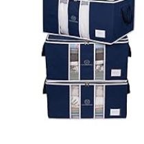 Brandnew Clothes Storage Bag Organizer for, Blankets, Clothing, Comforters and Bedding Sets - Stackable with Zippers - Clear Window - 3 Pack (Blue)