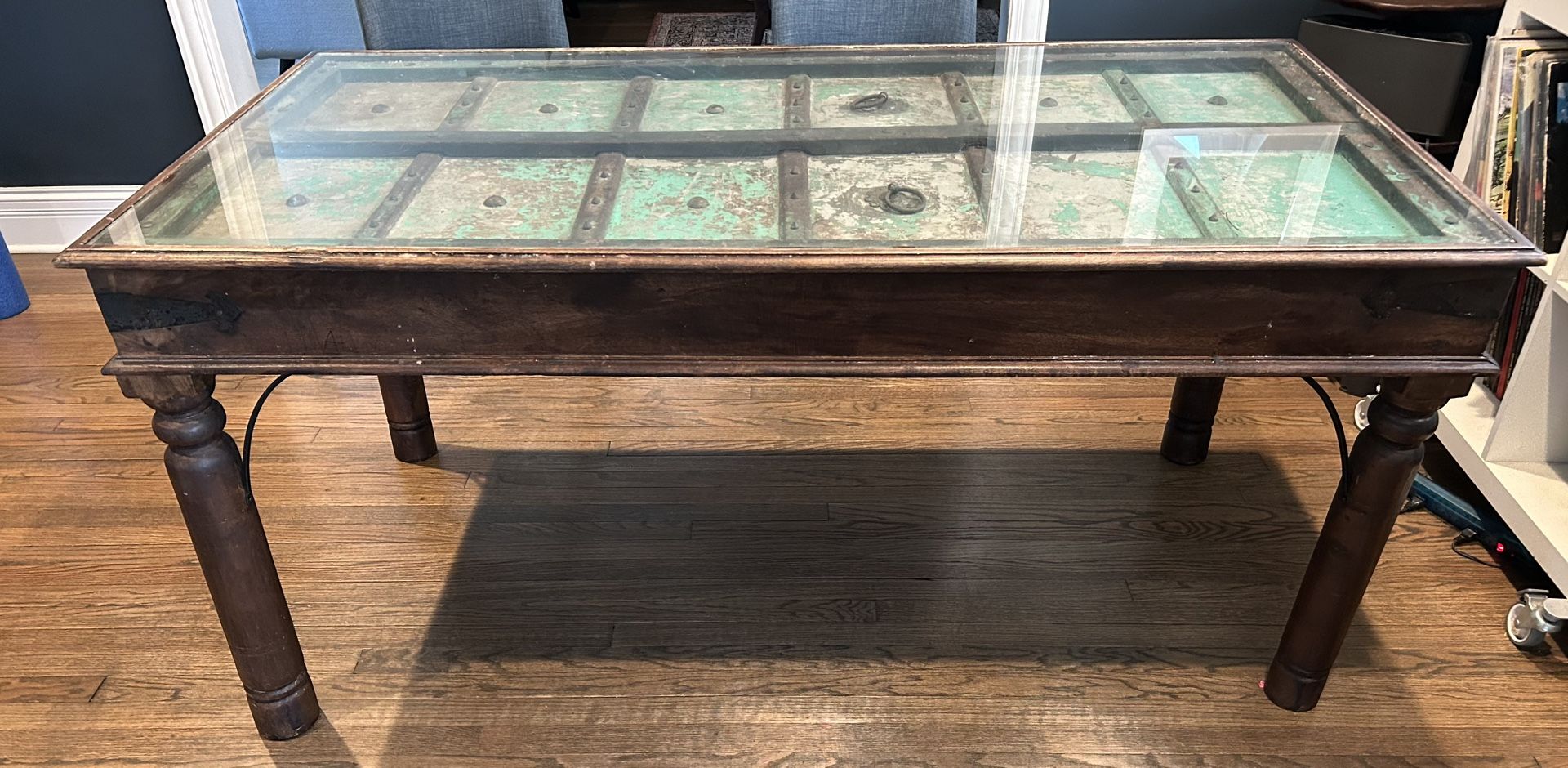 Reclaimed Antique Door Table with Glass Top – 67”x34”