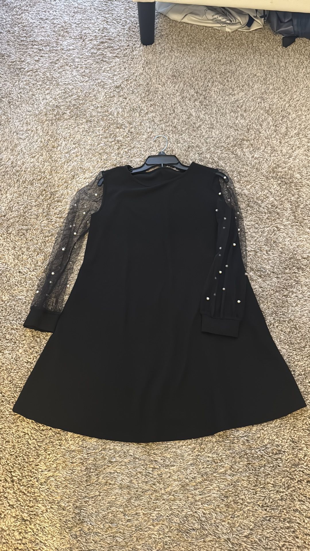 Black Dress With Pearls On Sheer Sleeves