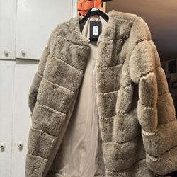 Fashion Nova Womens L With Love Faux Fur Coat Mocha Open Front Side Pockets