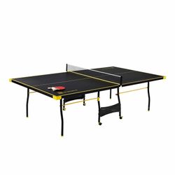 Indoor Table Tennis Pong Table, 4 Piece Foldable Design with Net, Paddles & Balls – Black/Yellow