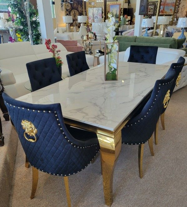 Marble Dining Table + 6 Black Chairs