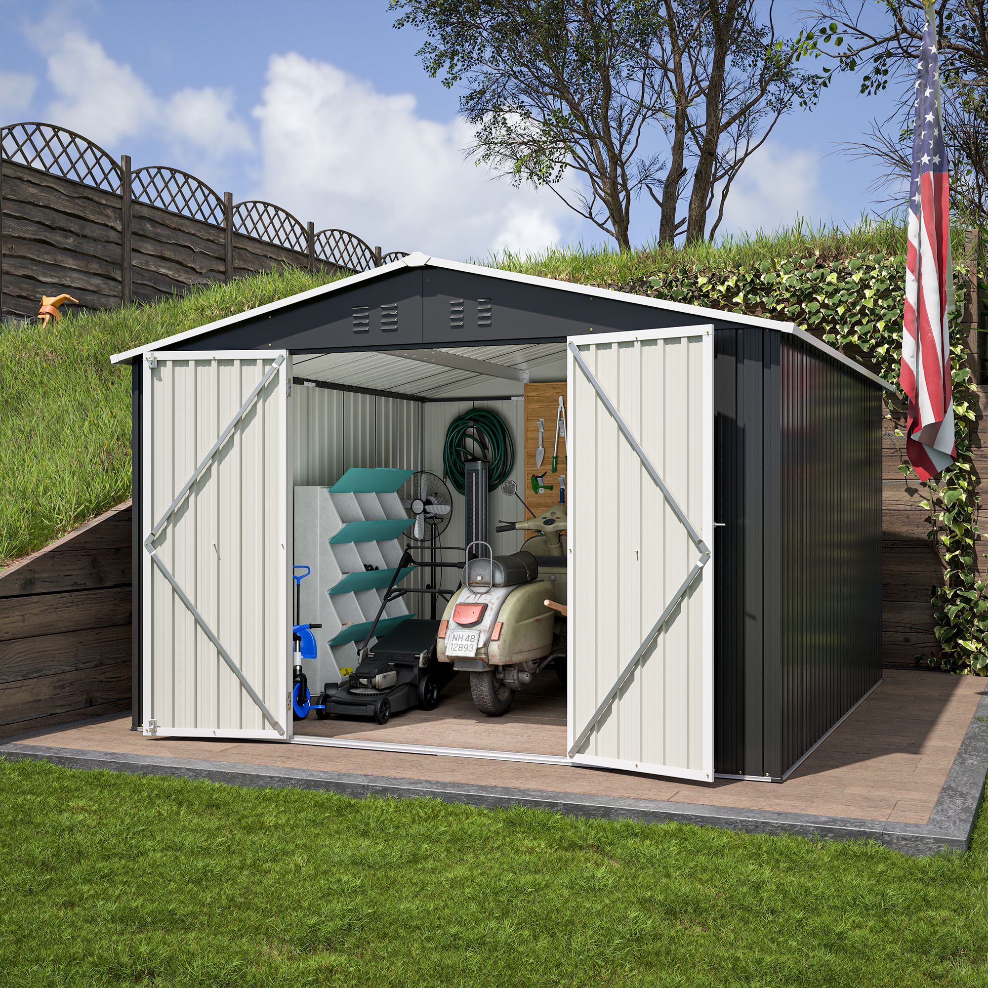 Outdoor Storage Shed 10x10 FT, Utility Metal Tool Storage with Lockable Doors and Updated Frame Structure, Large Metal Garden Shed for Backyard, Patio
