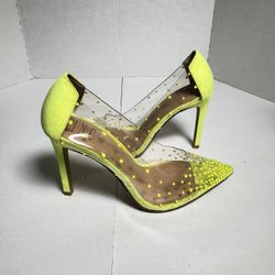 Pre Owned Good No Box  INC International Concepts  Katey Clear Vinyl Pumps High Heels Neon Yellow  Women Size 7 M