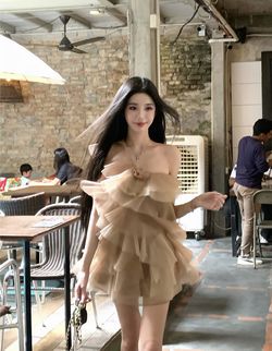 “Misty Apricot Tulle” seaside vacation dress – women’s summer tiered cake dress, princess-style dress, perfect for birthdays
