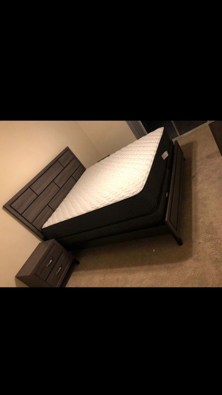 New grey queen size bed w/ mattress ser & nigth stand
