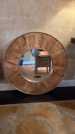 Round wood sunburst decorative mirror