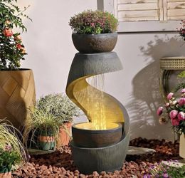 FF4003 31.9" S-Shaped Outdoor Water Fountain with Planter Bowl Modern S-Shaped Waterfall, Resin Mate