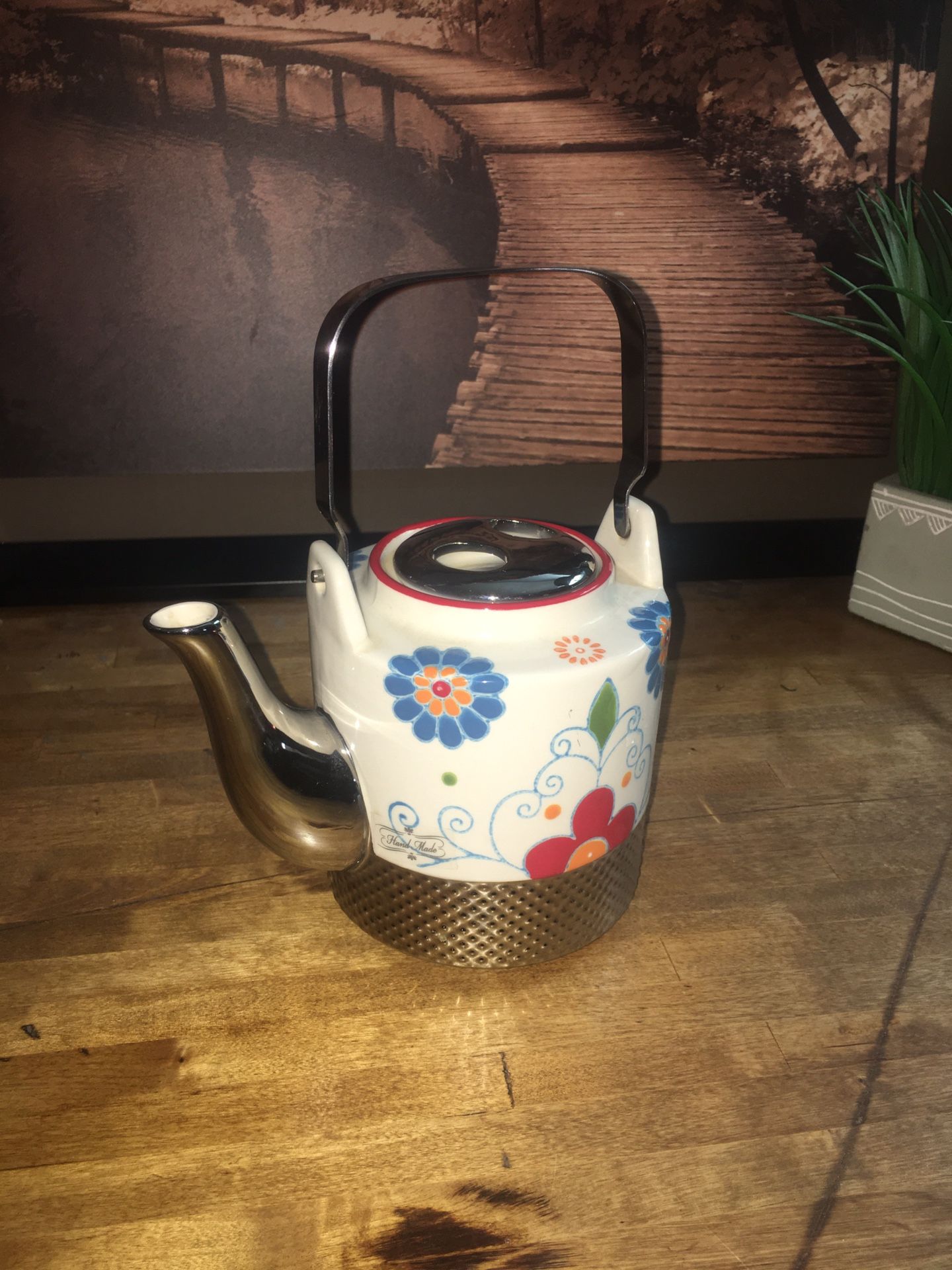 Floral & Chrome Teapot
