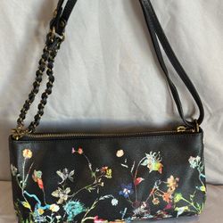 Elliott Lucca Black Floral Handbag Multi Color Polyvinyl with Leather