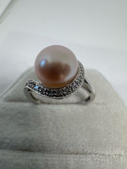 Vintage 10K White Gold Diamond & Pearl Ring Size 7 Fine Jewelry