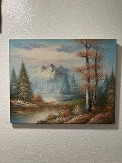 Original Oil Painting Mountain Lake Landscape - Signed, Canvas 20x16