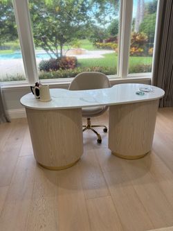 Beautiful desk and cabinet set. Solid wood with easy-to-care for quartz custom made for tops.