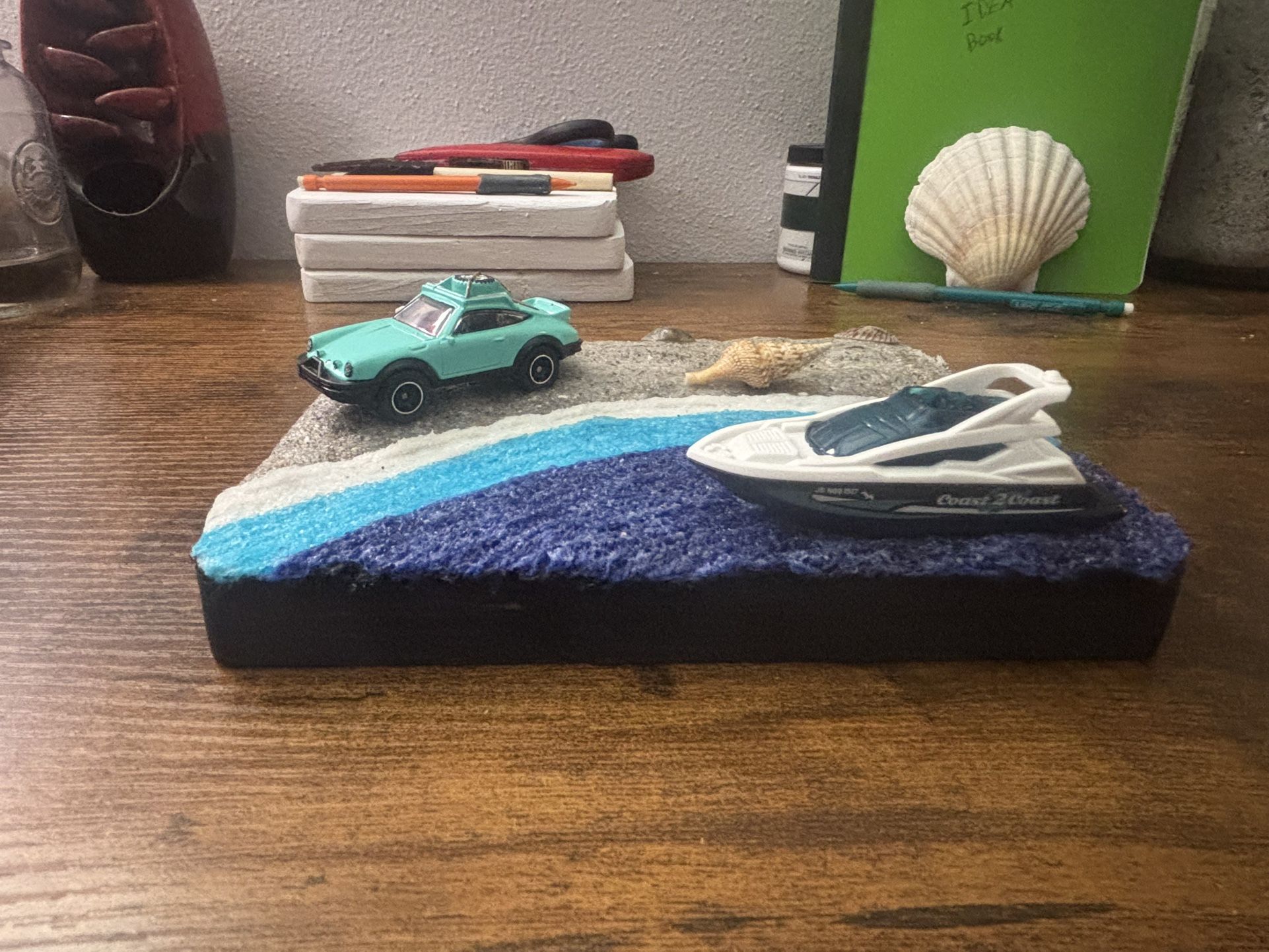 Handmade Beach Diorama with Porsche & Boat – Miniature Ocean Scene Decor
