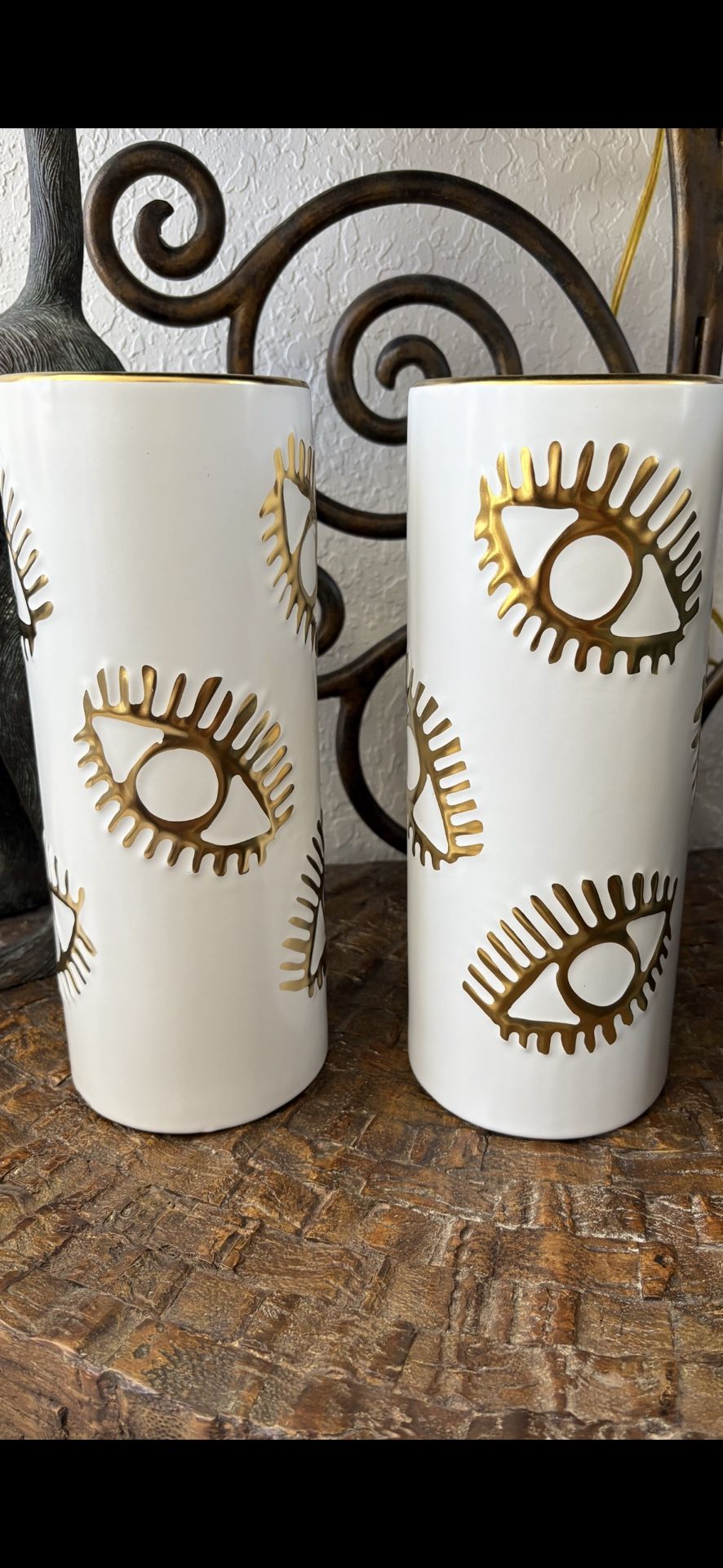 $30 Each. Lucky Hamsa Eye Lashes Vase. 2 For Sale Buy 1 Or Pair. Wicker Stool Or Child’s Rattan Chair Seat Plant Stand $25 Each.