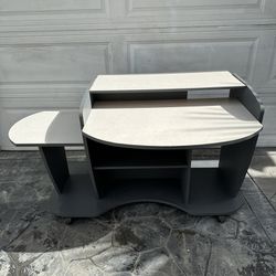 2-tone commercial quality computer / office /workstation desk w/ hutch on wheels $55, chair $10 