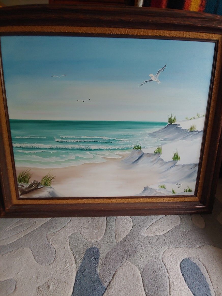 Ocean Beach With Seagulls Framed Painting - Art 37x32