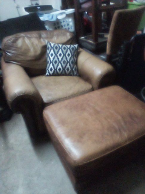 Brown Leather Chair with Ottoman. No Rips, Tears Or Otherwise