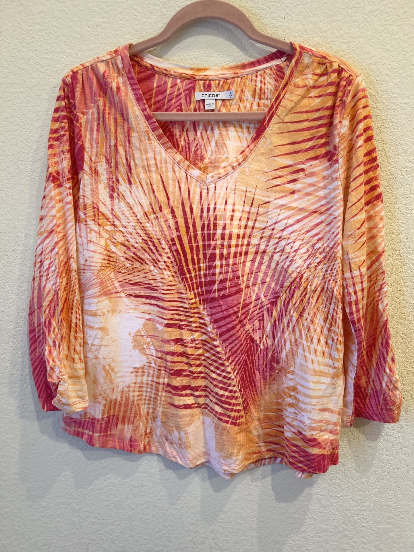 Chico’s Palms Slub 3 Qtr Tee Top 3/4 Slv Wmns Size 2