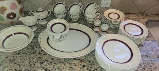 1941 Homer Laughlin China Set Eggshell Burgundy/Gold Ribbon