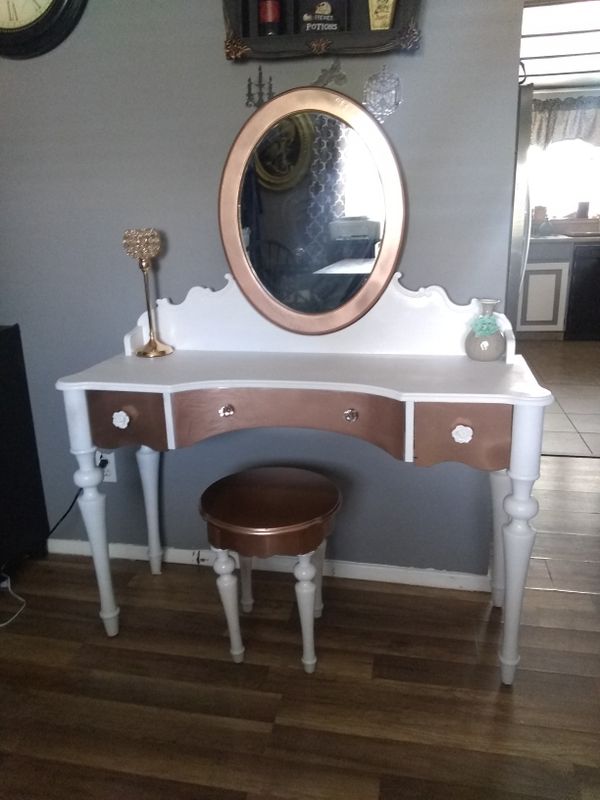Refinished Antique White and Rose Gold Vanity with attached Mirror and matching Stool