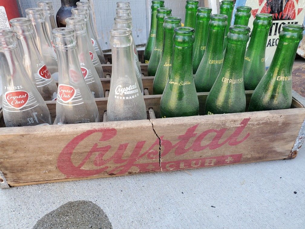 Vintage Soda Bottles And Wooden Case
