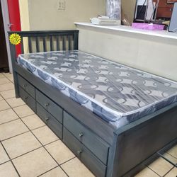 Twin Bedframe With Trundle /3 Drawers And Mattresses