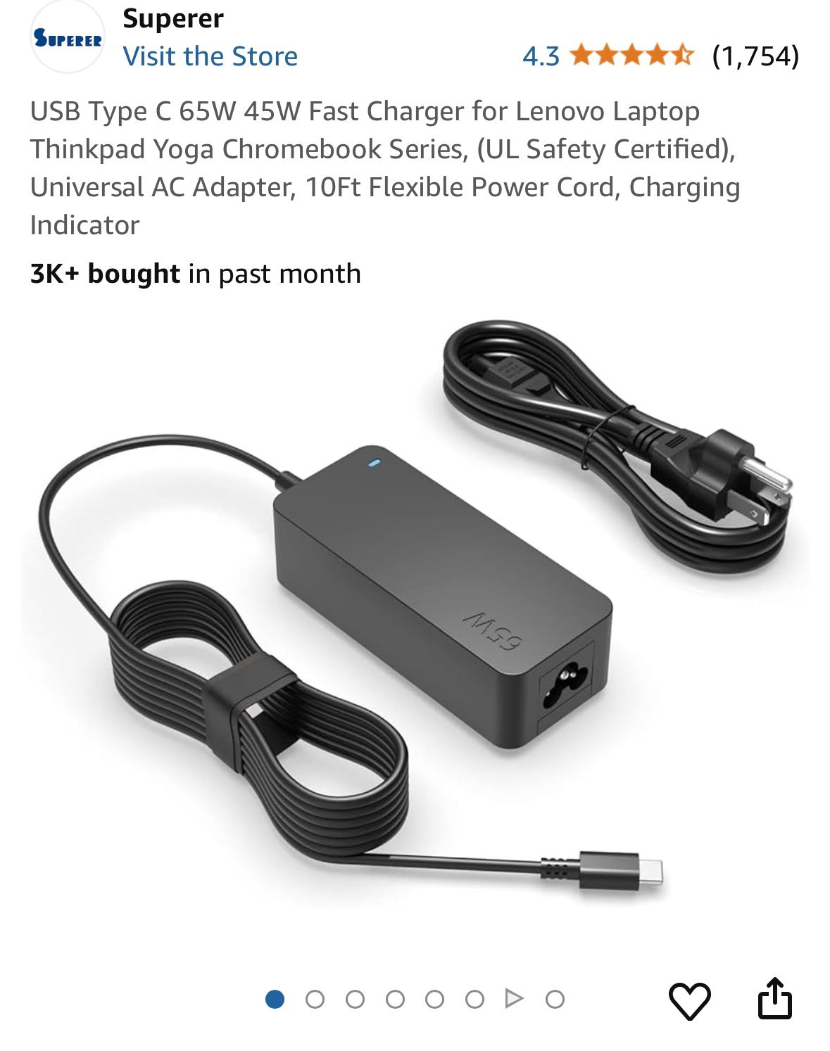 USB Type C 65W 45W Fast Charger for Lenovo Laptop Thinkpad Yoga Chromebook Series, (UL Safety Certified), Universal AC Adapter, 10Ft Flexible Power Co