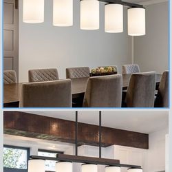 Mecgirn Farmhouse Dining Room Light Fixtures Over Table, Black Pendant Lights for Kitchen Island with Milk Glass Shade, 5 Light Linear Chandelier Ligh