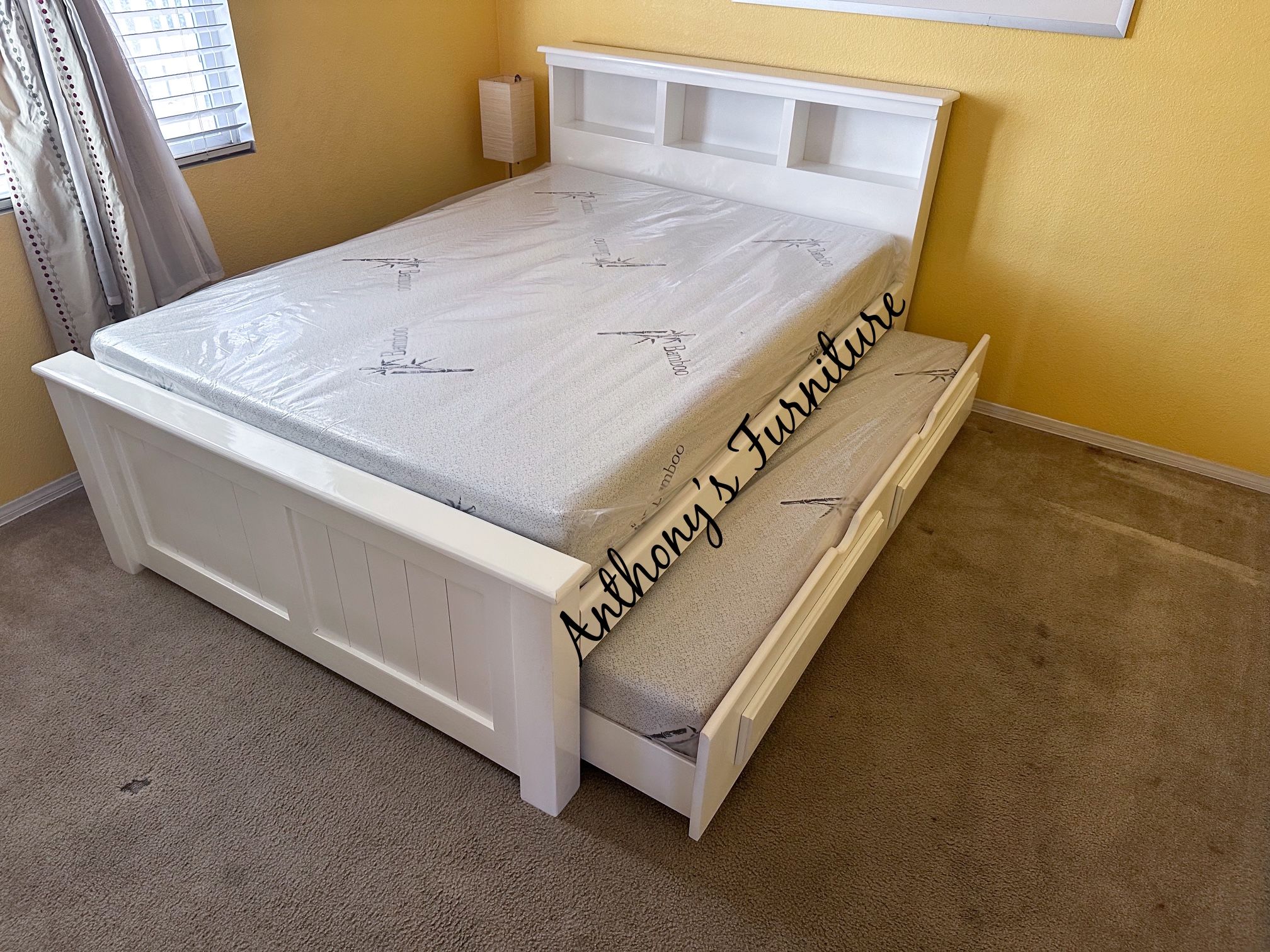 White Full Bed & Twin Trundle + 2 Foam Mattress 