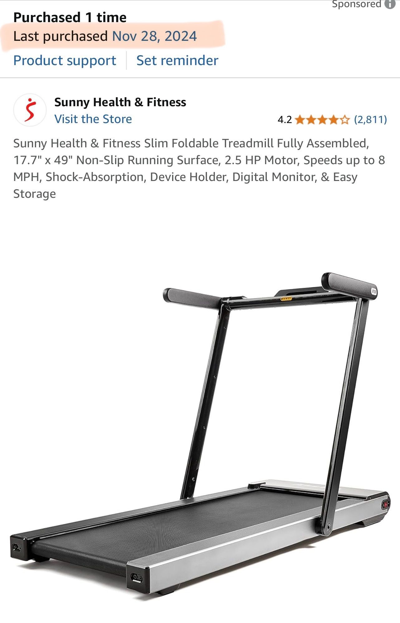 Moving Sale ! Sunny Health & Fitness Slim Foldable Treadmill