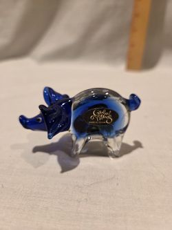" Global Village" Glass " Blue Adorable Mini Pig" Figurine  Approx 2 1/2" X 1 1/2"