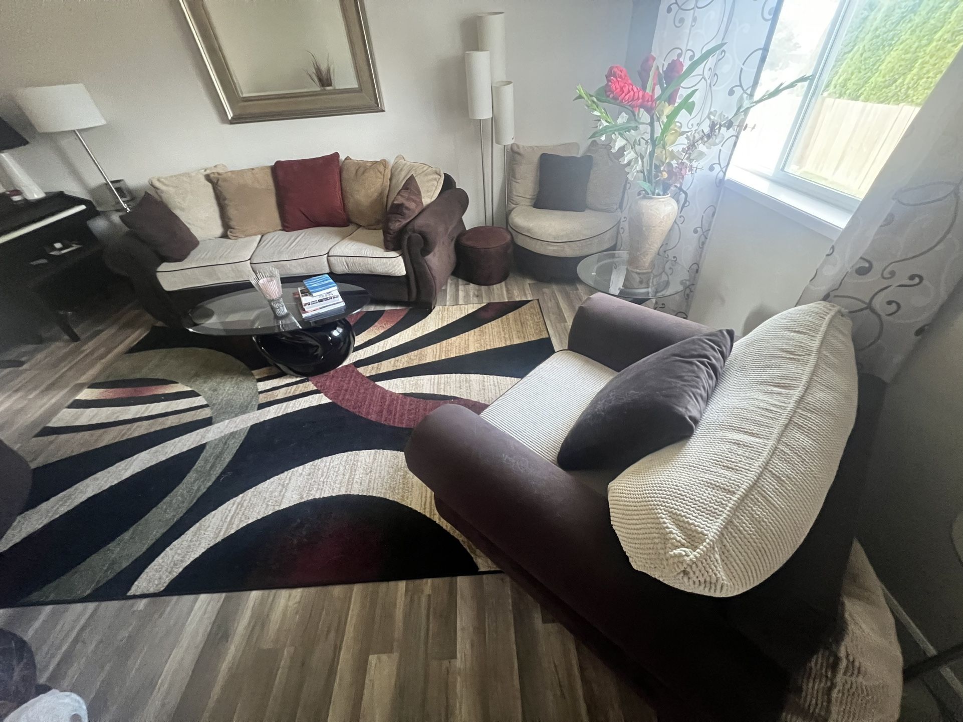 Couch, Oversized Chair, Ottoman & Rugs For Sale