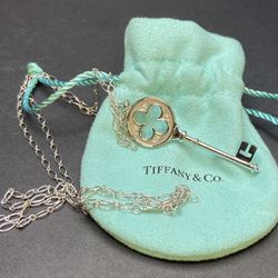  Tiffany & Co. Diamond 4 Leaf Clover 18k White Gold Key Pendant (2”) And Necklace 15” 