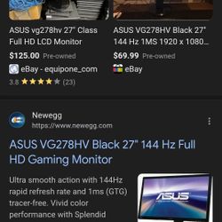 ASUS VG278HV Black 27" 144 Hz 1MS 1920 x 1080 FHD Gaming Monitor w Stand