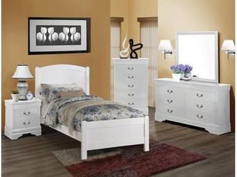 Brand new white twin bed frame + dresser + mirror + nightstand