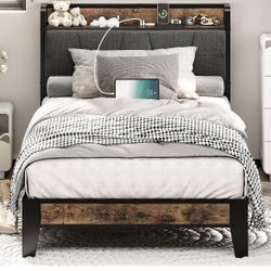 LIKIMIO Twin Bed Frames, Storage Headboard with Charging Station, Solid and Stable, Noise Free, No Box Spring Needed, Easy Assembly 