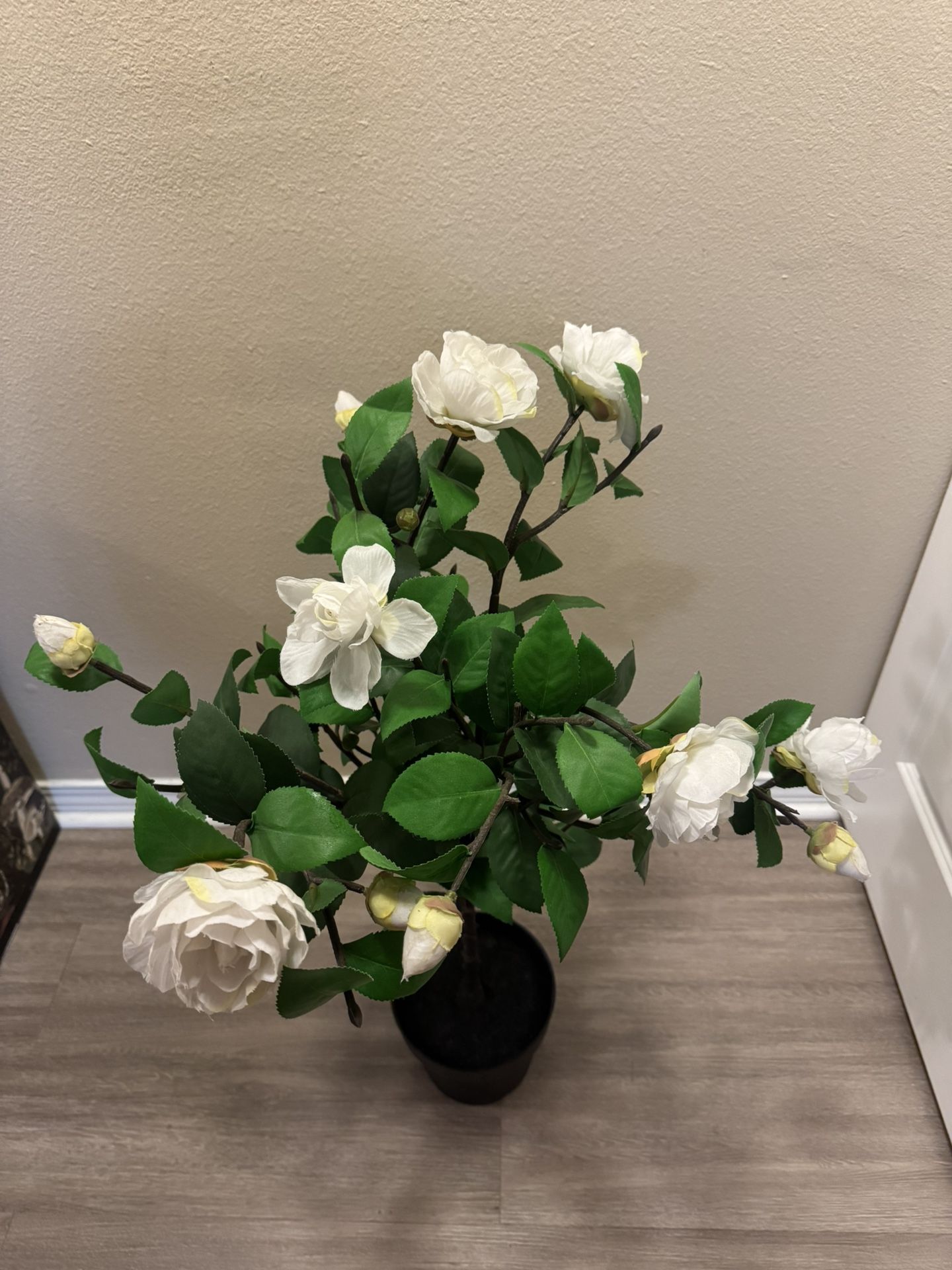 Artificial Camellia Tree 35in Faux Floral Plant with White Flowers and Green Leaves