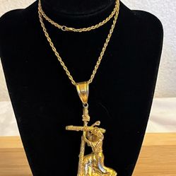 MENS YELLOW GOLD PLATED GOD JESUS CROSS WITH 21.5 Gold Tone chain