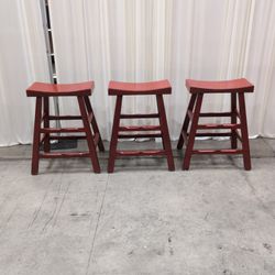 Set of 3 Red Wood Saddle Seat Counter Stools