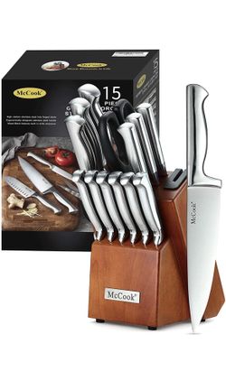 McCook® Knife Sets, German Stainless Steel Kitchen Knife Block Sets with Built-in Sharpener, 15 Piece Chef Knife and More, Razor Sharp, Restaurant Gra
