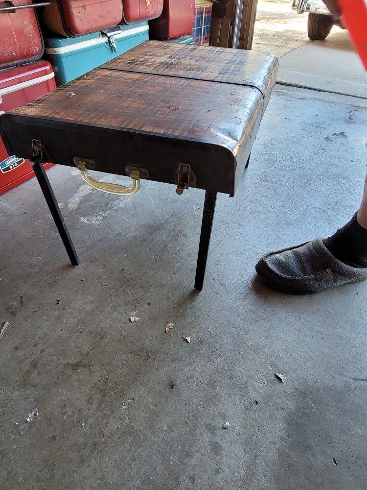vintage antique folding suitcase luggage plaid picnic picni-table