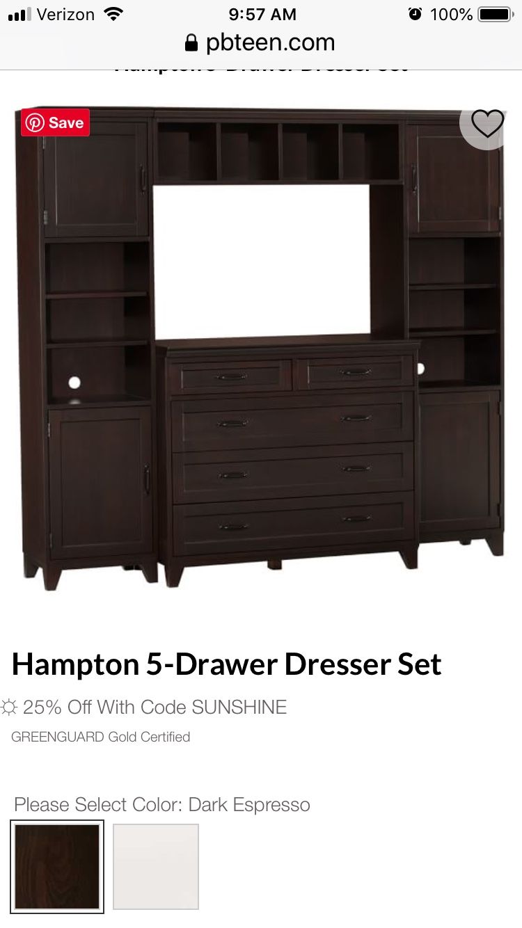Bedroom dresser with side pier cabinets and bridge connector. Bought from Pottery Barn Teen for the storage features. Paid over $2000, used for three