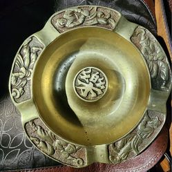 Vintage Solid Brass Ashtray Dancing Singing Men Ornate Korea Mid Century Decor