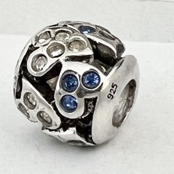 Charm For Pandora 925  Sterling Silver Blue And Clear Crystals Heart Charm