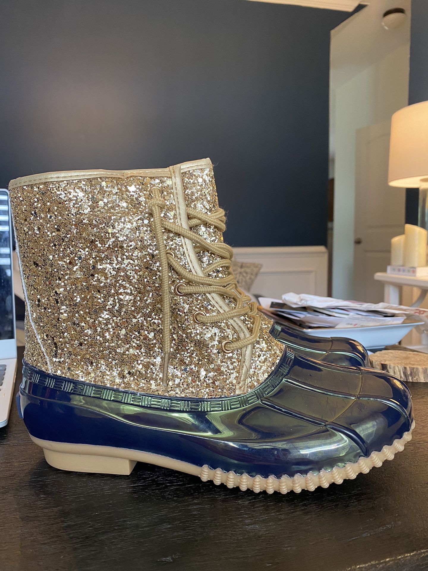 New! Sugar Women's Skylar Duck Boot navy/gold glitter 7M like