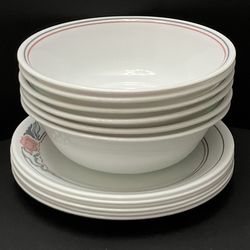 Lot of 12 Corelle Rose Duo Set of 6 Dessert Plates & 6 Cereal Bowls White Red Gray VGC