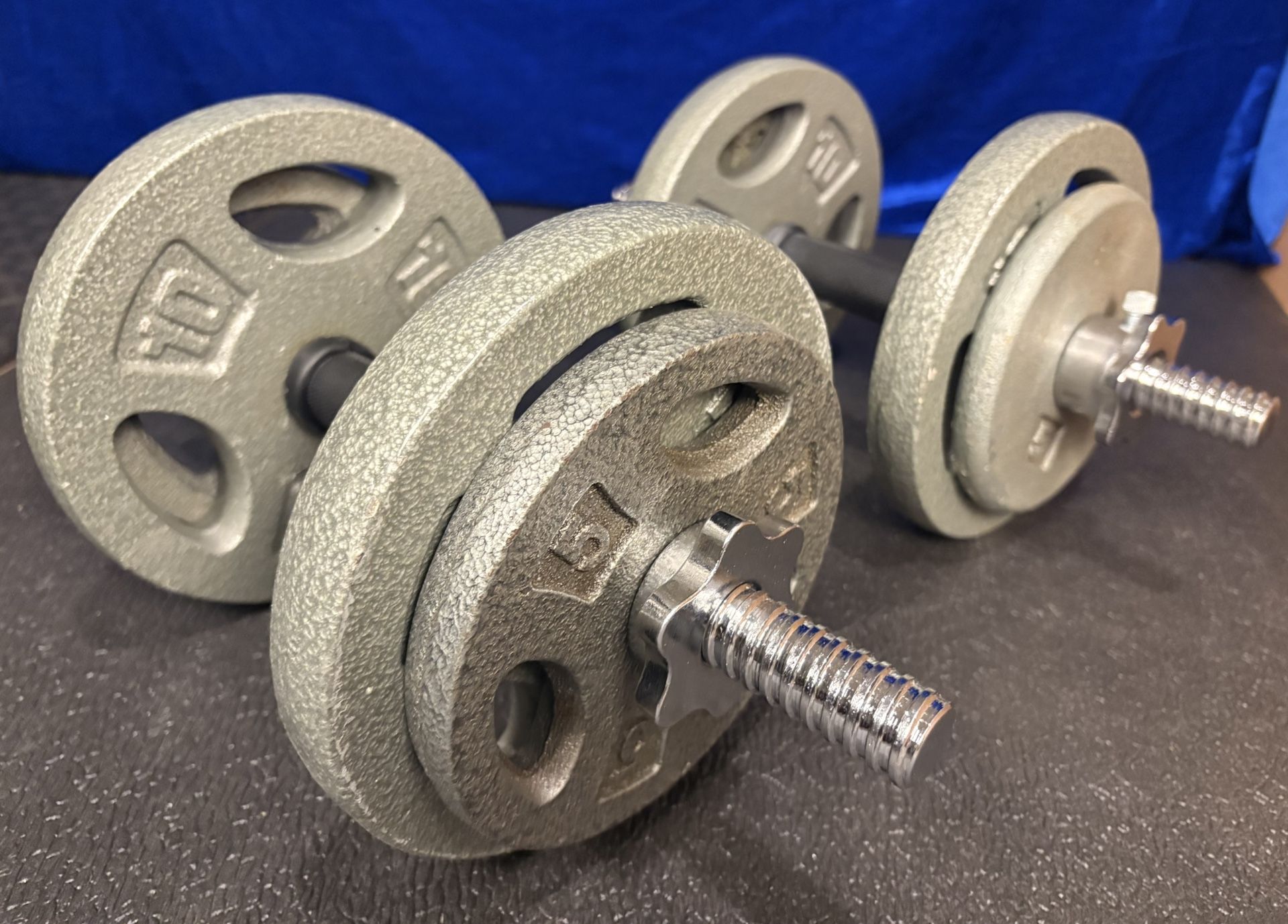 CAP Olive Standard Dumbbells with 2 pairs of 10s And Bars NEW plus 2 pairs of 5 used. Brute 70#
