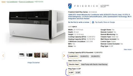 Friedrich Window AC  - 12,000 BTU 11 EER 230V Smart Room Air Conditioner With Electric Heat -Model :KES12A33A  MSRP $1709