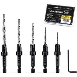 5PCS Tapered Countersink Drill Bit Set for Wood, #4#6#8#10#12, HSS, 1/4" Hex Quick Change Shank, Adjustable Depth Stop, Pilot Hole + Countersink New i